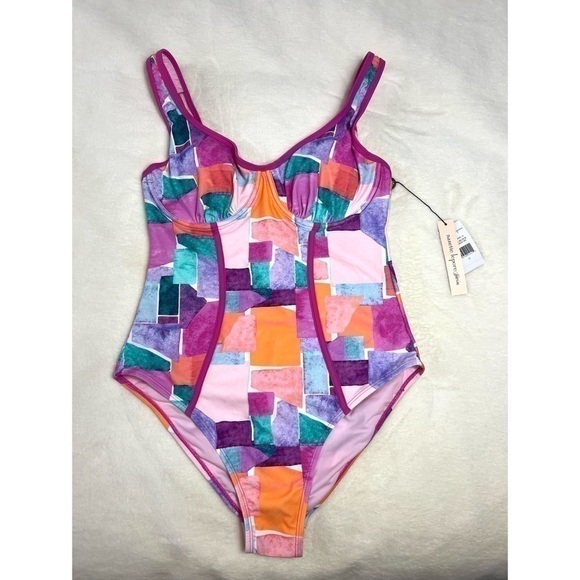 Nanette Lepore Pink Multi Color Block Molded One Piece Swimsuit Size 12 Large - Picture 2 of 7